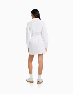 BERSHKA Mini-robe chemise manches longues cache-cœur Blanc New
