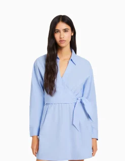 BERSHKA Mini-robe chemise manches longues cache-cœur Blanc Discount