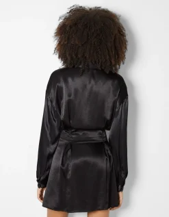 BERSHKA Mini-robe chemise satinée pinces ceinture Noir New