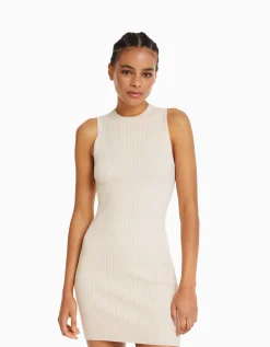 BERSHKA Mini-robe maille bord-côte Écru Discount
