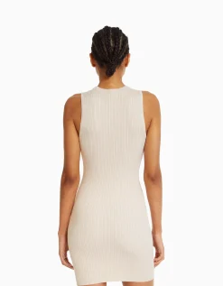 BERSHKA Mini-robe maille bord-côte Écru Discount