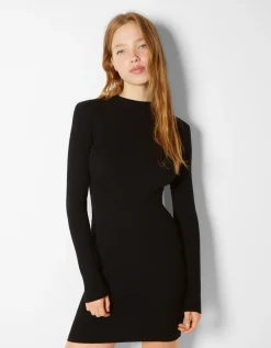 BERSHKA Mini-robe maille côtelée col montant Noir Fashion
