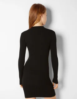 BERSHKA Mini-robe maille côtelée col montant Noir Fashion