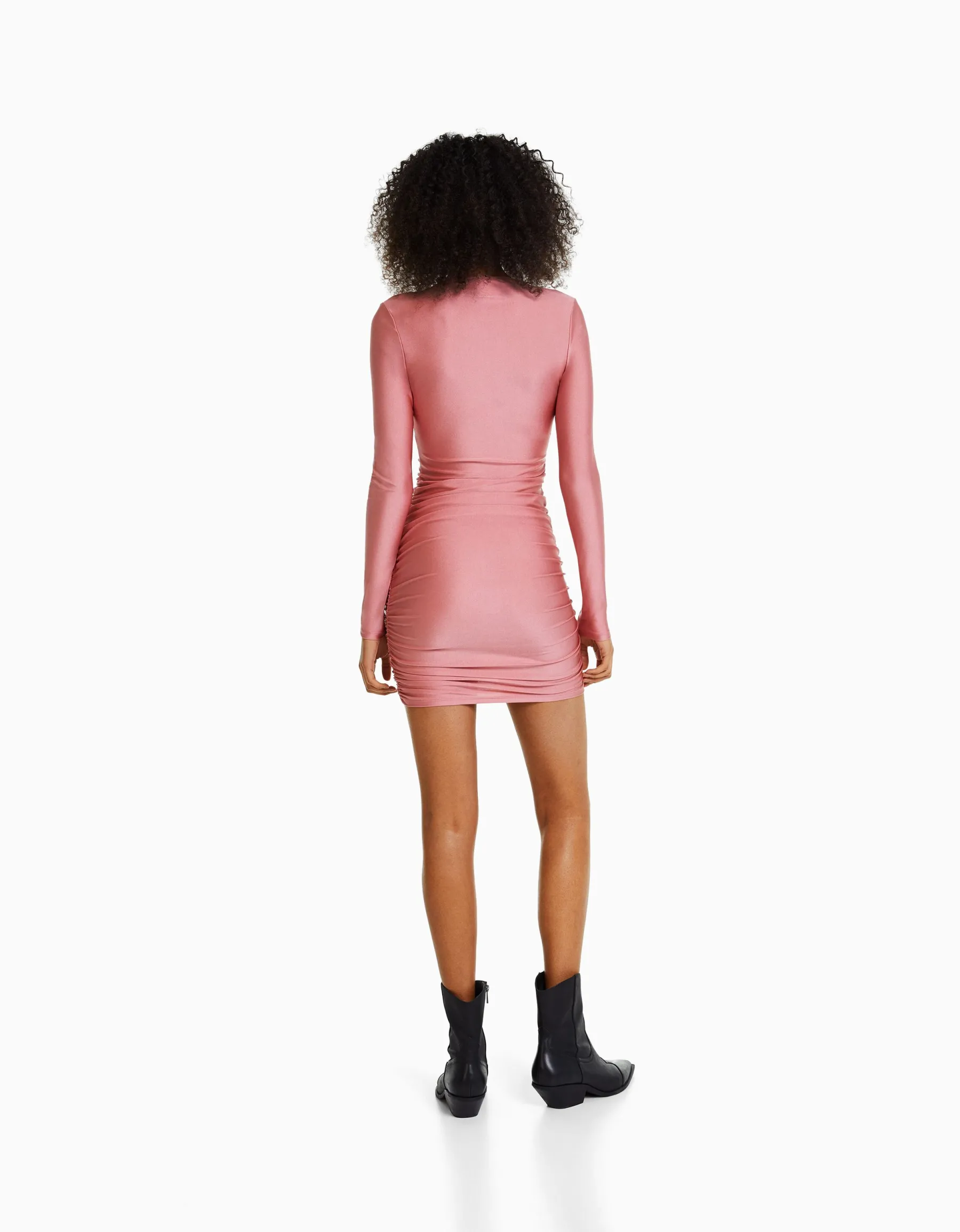 BERSHKA Mini-robe manches longues lanières croisées Rose Best