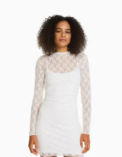 BERSHKA Mini-robe manches longues en dentelle détail encolure Écru Flash Sale