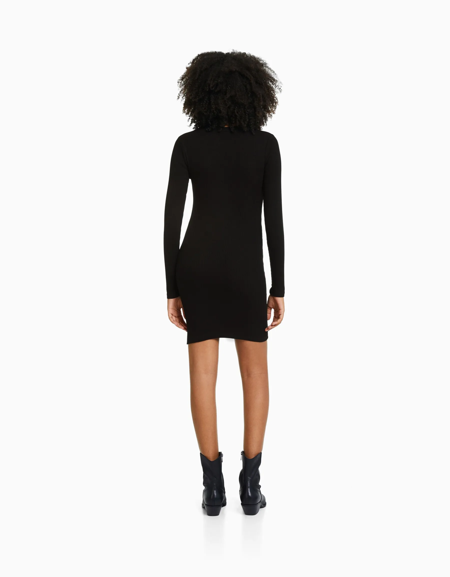 BERSHKA Mini-robe manches longues bord-côte Blanc cassé Store