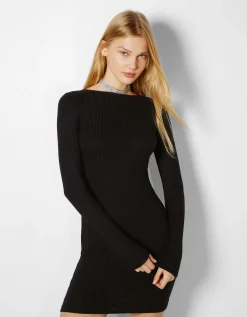 BERSHKA Mini-robe manches longues bord-côte Gris Flash Sale