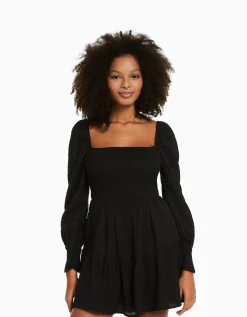 BERSHKA Mini-robe manches longues volume texturée Noir Online
