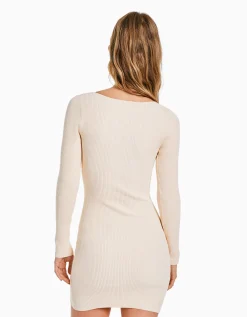 BERSHKA Mini-robe manches longues maille détail bijou Beige Outlet