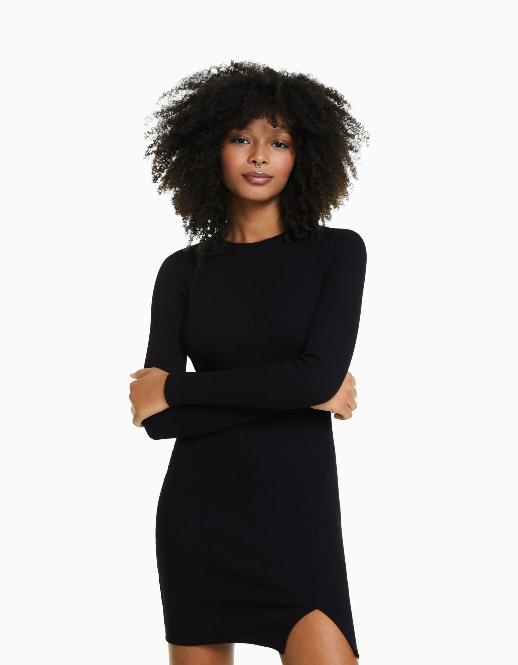 BERSHKA Mini-robe manches longues bord-côte Blanc cassé Online