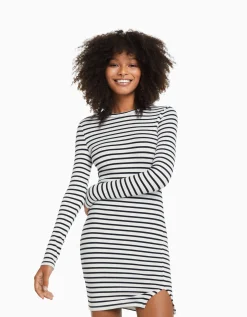 BERSHKA Mini-robe manches longues bord-côte Blanc cassé Online