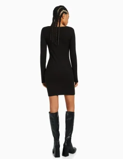 BERSHKA Mini-robe manches longues bord-côte Gris Flash Sale