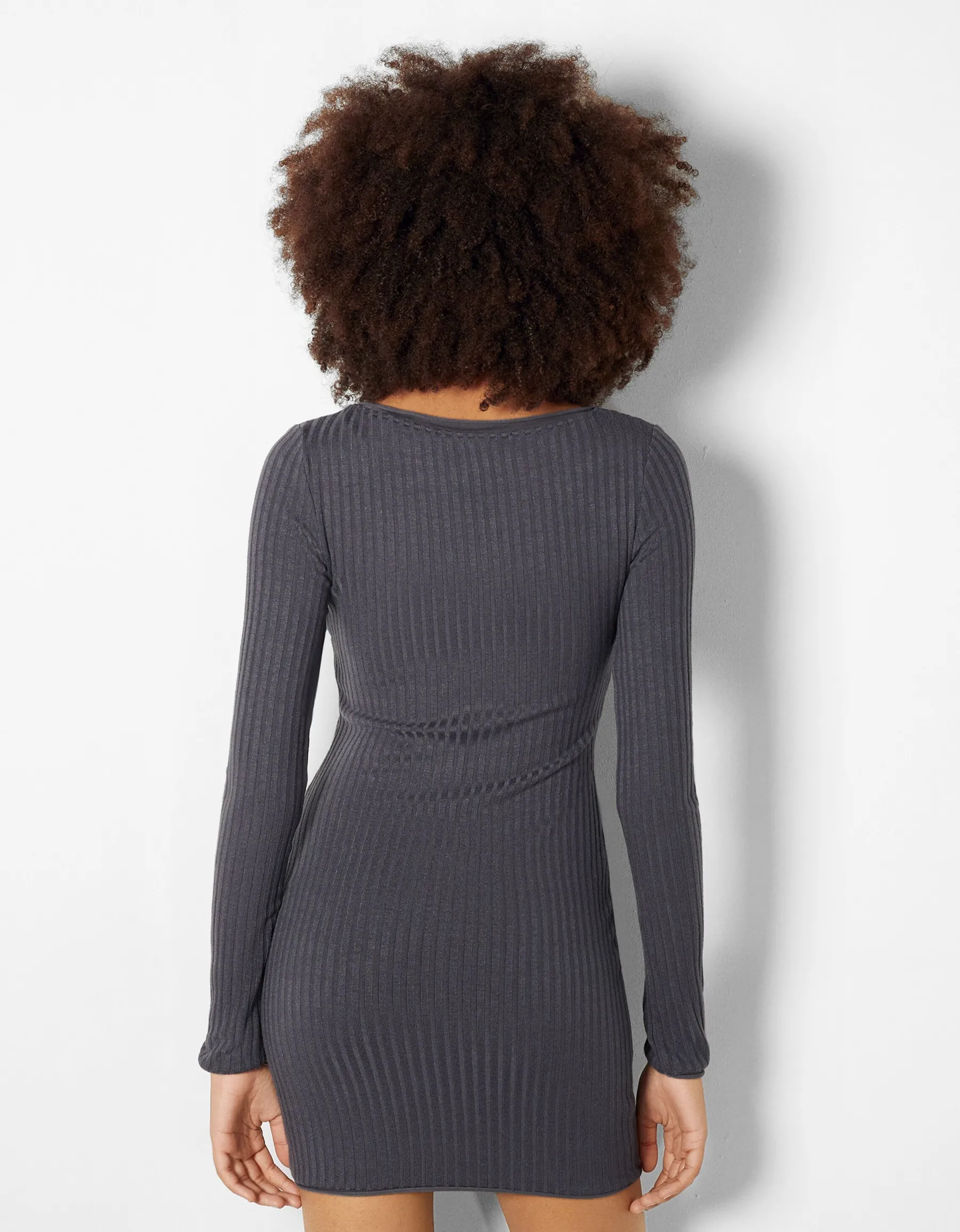BERSHKA Mini-robe manches longues bord-côte Gris Best Sale