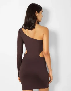 BERSHKA Mini-robe manches longues asymétrique cut out Marron Hot