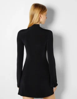 BERSHKA Mini-robe manches longues évasées col montant Noir New