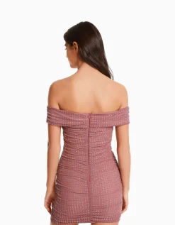 BERSHKA Mini-robe résille encolure bateau Rose Fashion