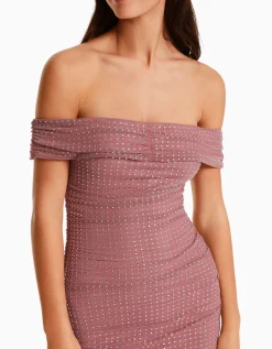 BERSHKA Mini-robe résille encolure bateau Rose Fashion