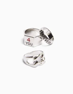 BERSHKA Pack 3 bagues love Argent Hot