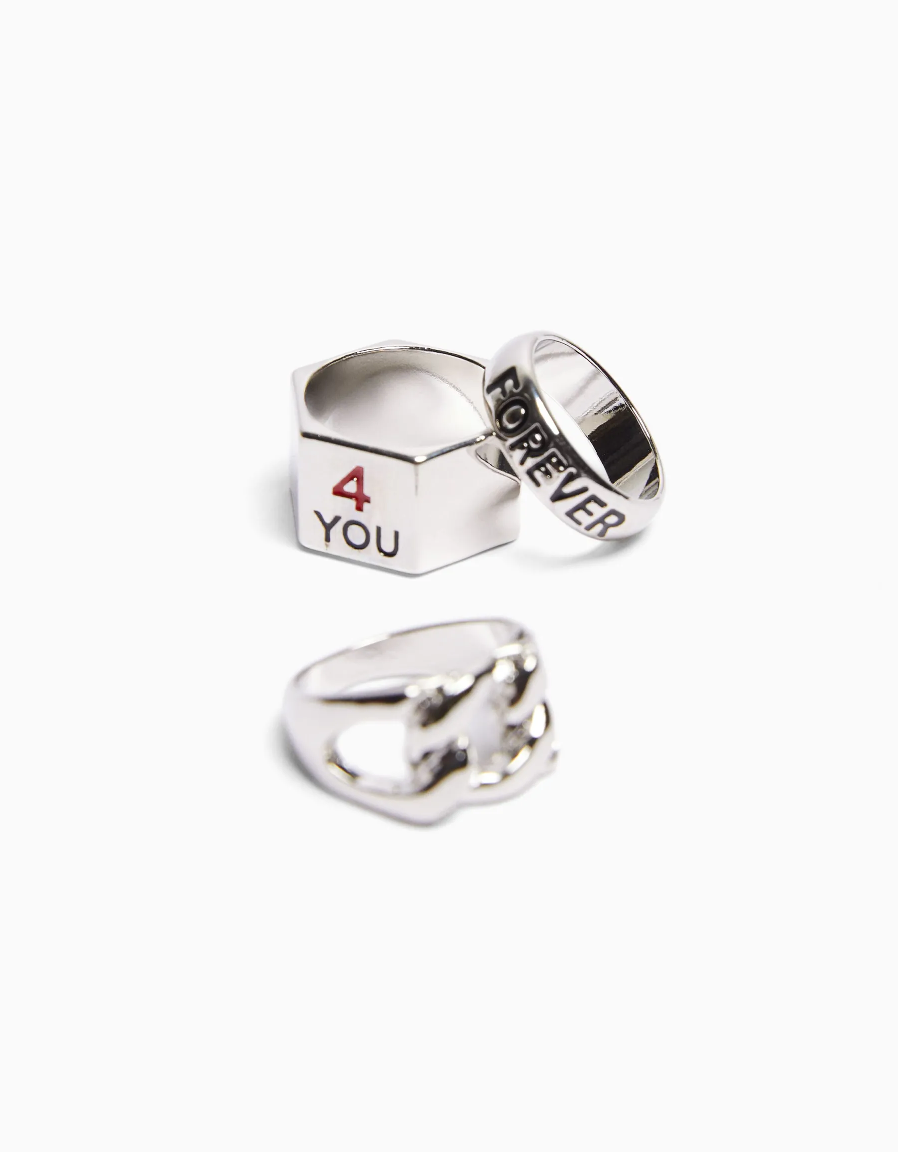 BERSHKA Pack 3 bagues love Argent Hot