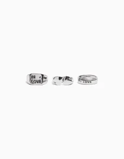 BERSHKA Pack 3 bagues love Argent Discount