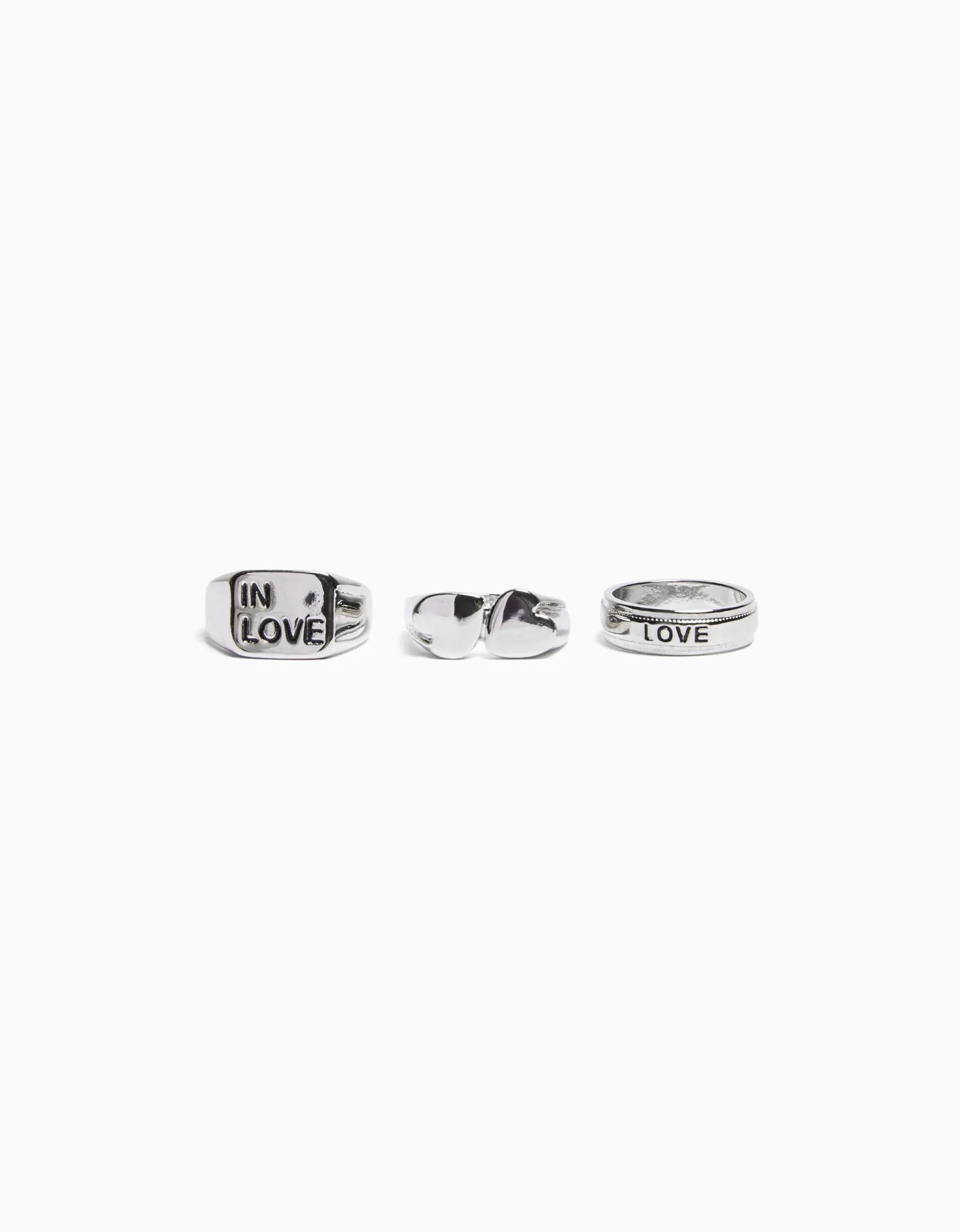 BERSHKA Pack 3 bagues love Argent Discount