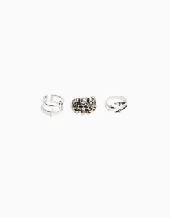 BERSHKA Pack 3 bagues tête de mort croix Argent Hot