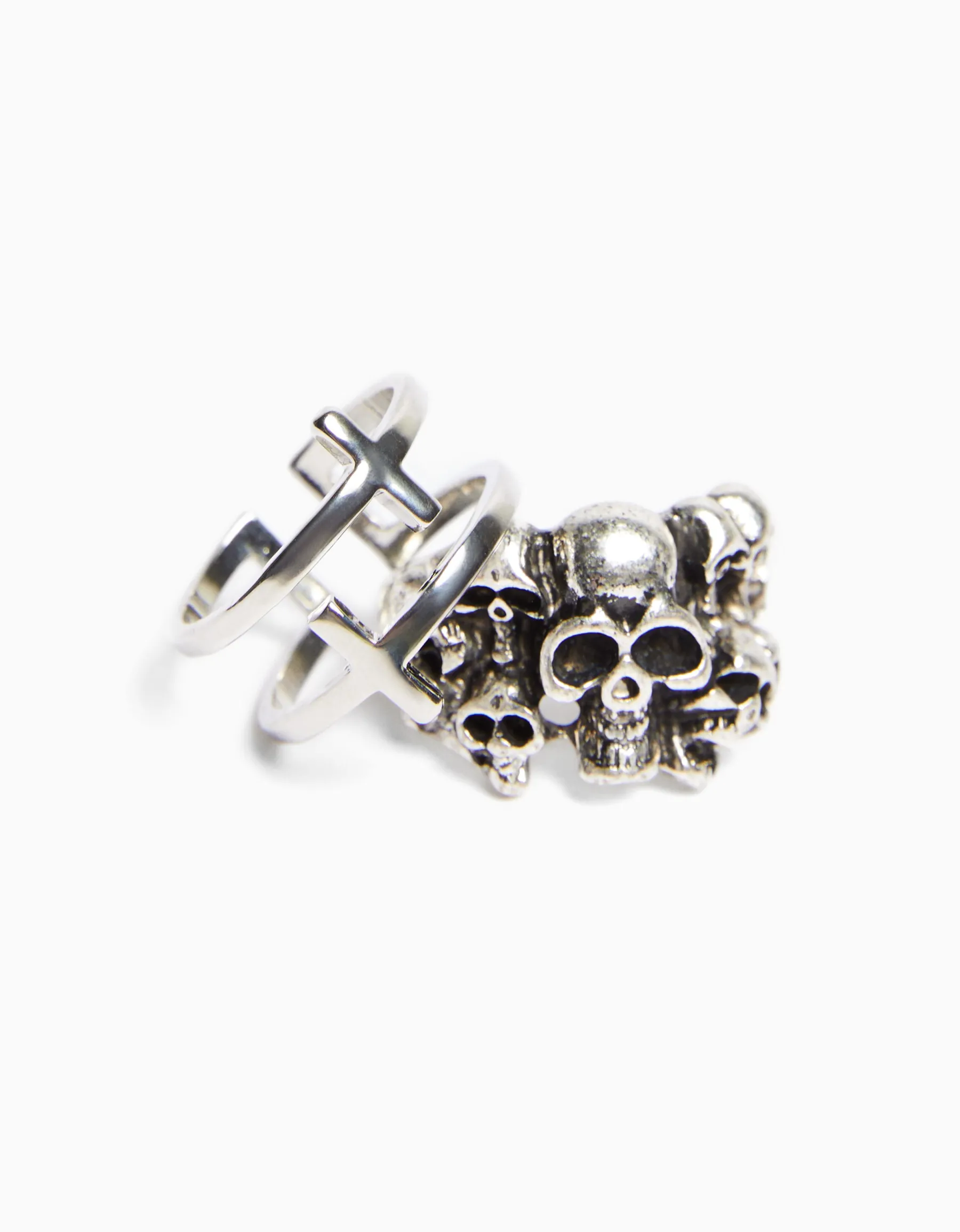 BERSHKA Pack 3 bagues tête de mort croix Argent Hot