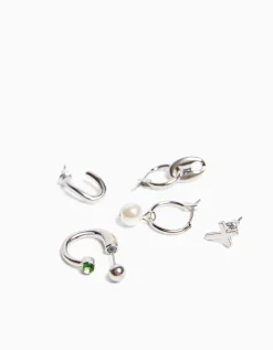 BERSHKA Pack 10 boucles d’oreilles anneau Argent Outlet