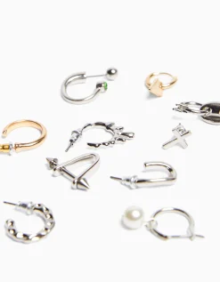 BERSHKA Pack 10 boucles d’oreilles anneau Argent Outlet