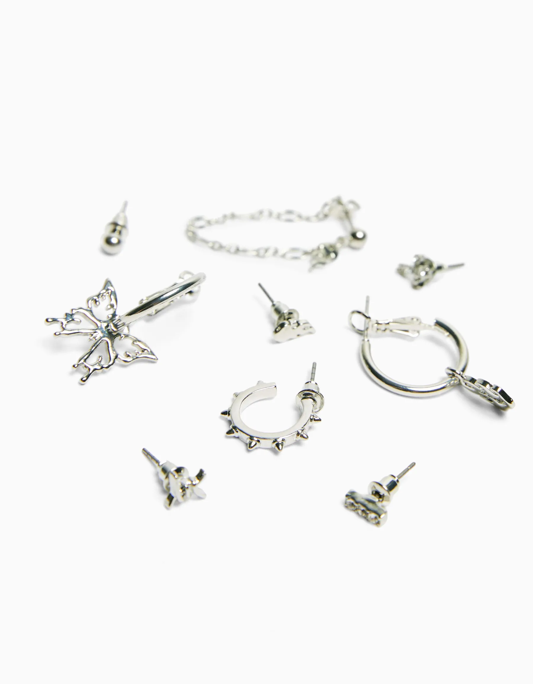 BERSHKA Pack 9 boucles d’oreilles ear cuff edgy Argent Fashion