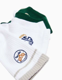 BERSHKA Pack 3 chaussettes brodées varsity Blanc Outlet