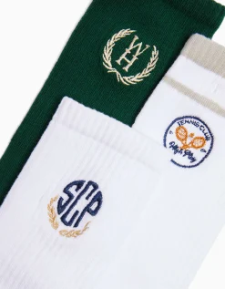 BERSHKA Pack 3 chaussettes brodées varsity Blanc Outlet
