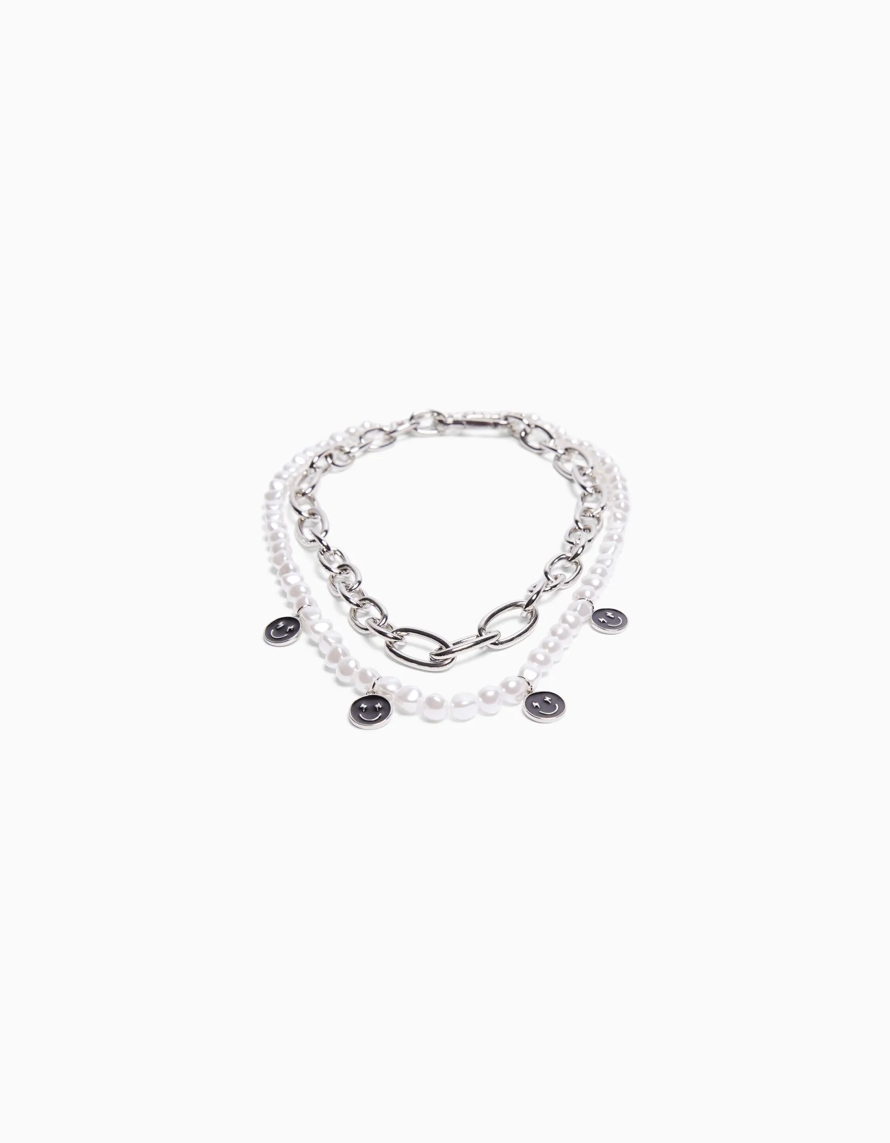 BERSHKA Pack 2 colliers perles fantaisie et maillons Argent Fashion