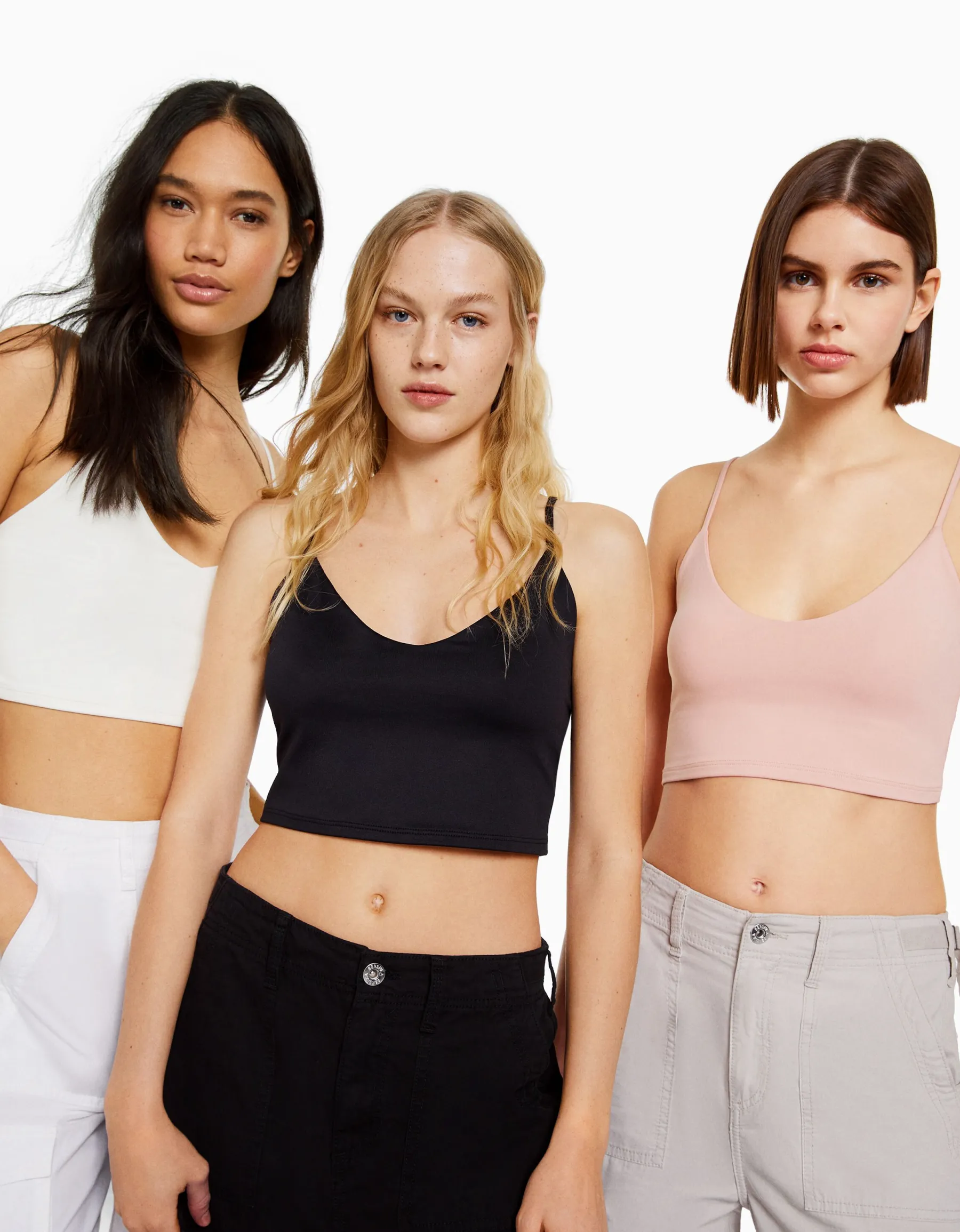 BERSHKA Pack 3 crop tops bretelles Multicouleur Outlet