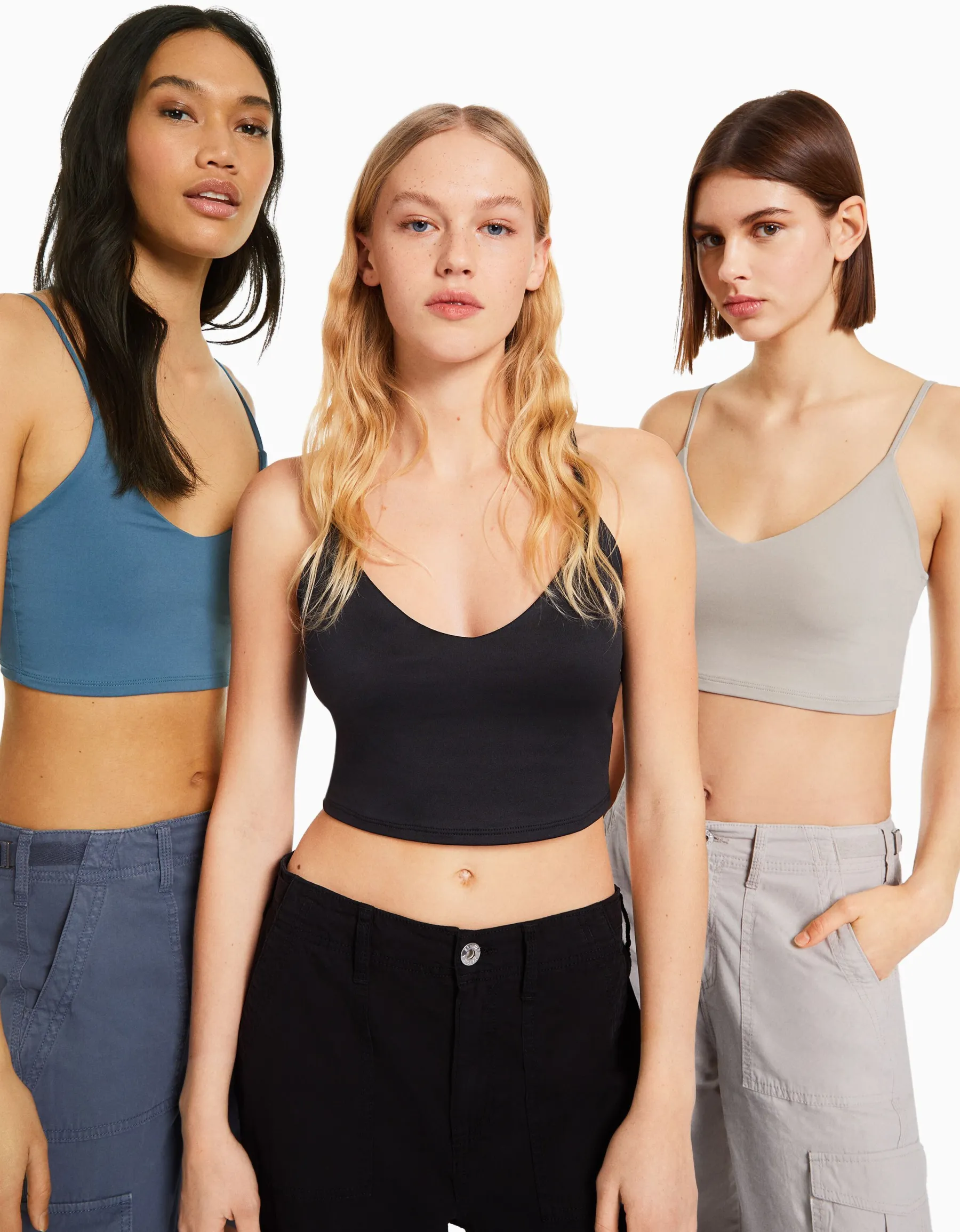 BERSHKA Pack 3 crop tops bretelles Multicouleur Discount