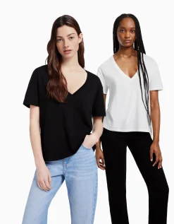 BERSHKA Pack 2 T-shirts manches courtes col V regular fit Multicouleur Best