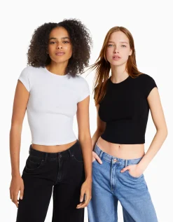 BERSHKA Pack 2 T-shirts manches courtes bord-côte Multicouleur Flash Sale