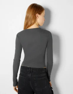 BERSHKA Pack 2 T-shirts manches longues bord-côte Multicouleur Discount