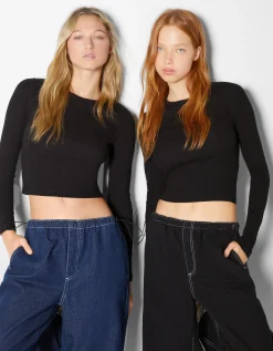 BERSHKA Pack 2 T-shirts manches longues bord-côte Multicouleur Sale