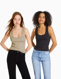 BERSHKA Pack 2 T-shirts sans manches bord-côte Multicouleur Discount