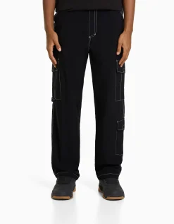 BERSHKA Pantalon cargo effet nylon fil contraste Noir Clearance