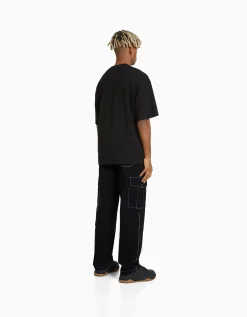 BERSHKA Pantalon cargo effet nylon fil contraste Noir Clearance