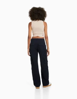 BERSHKA Pantalon cargo moulant serge multipoches Kaki Flash Sale