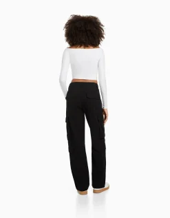 BERSHKA Pantalon cargo moulant serge multipoches Kaki Flash Sale