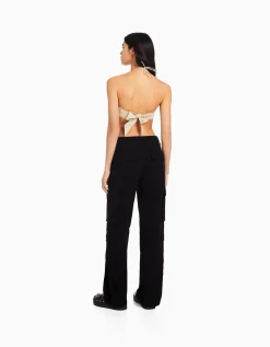 BERSHKA Pantalon cargo moulant serge multipoches Kaki New