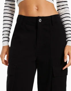 BERSHKA Pantalon cargo straight Noir Shop