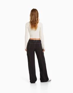 BERSHKA Pantalon cargo taille basse coton fil contraste Blanc cassé Shop