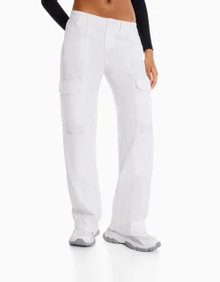 BERSHKA Pantalon cargo taille basse coton fil contraste Blanc cassé Outlet
