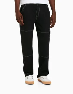 BERSHKA Pantalon cargo wide coutures contrastes Bleu foncé Hot