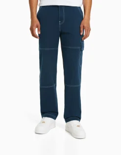 BERSHKA Pantalon cargo wide coutures contrastes Bleu foncé Hot